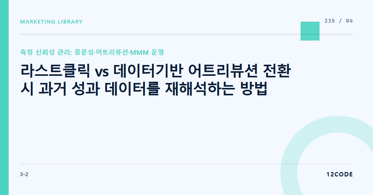 12code 라이브러리 아티클 표지. 라스트클릭 vs 데이터기반 어트리뷰션 전환 시 과거 성과 데이터를 재해석하는 방법