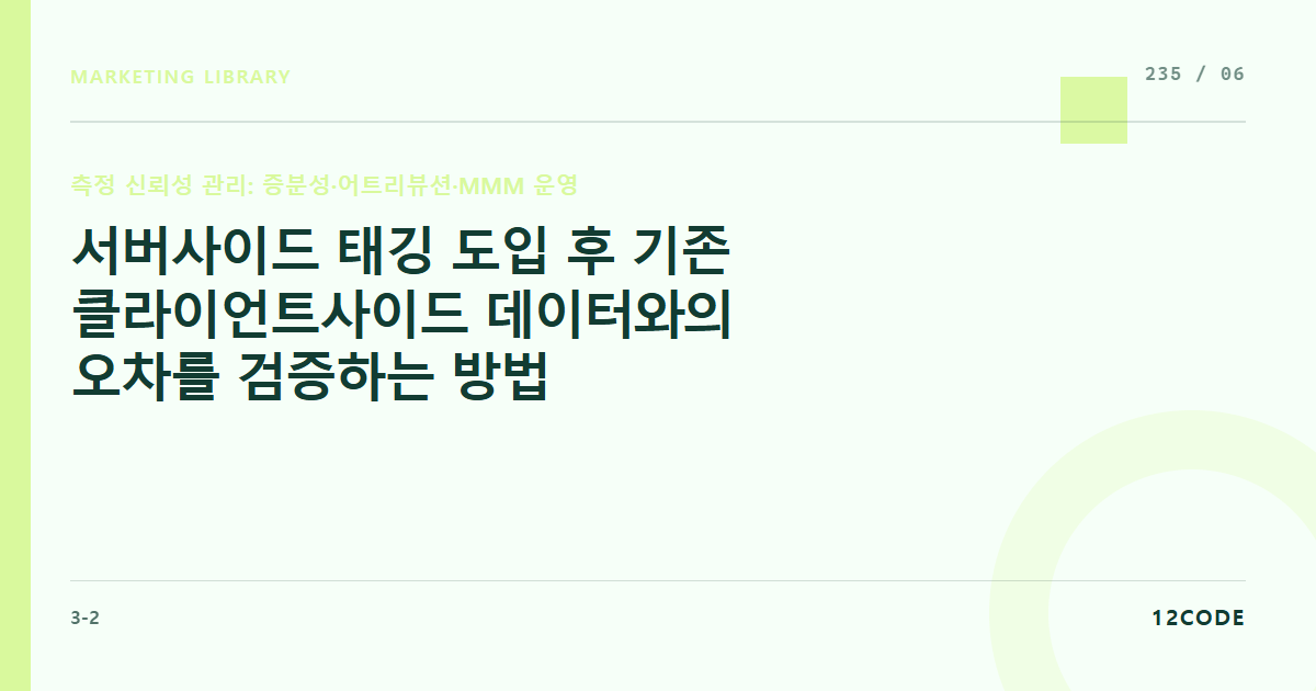 12code 라이브러리 아티클 표지. 서버사이드 태깅 도입 후 기존 클라이언트사이드 데이터와의 오차를 검증하는 방법