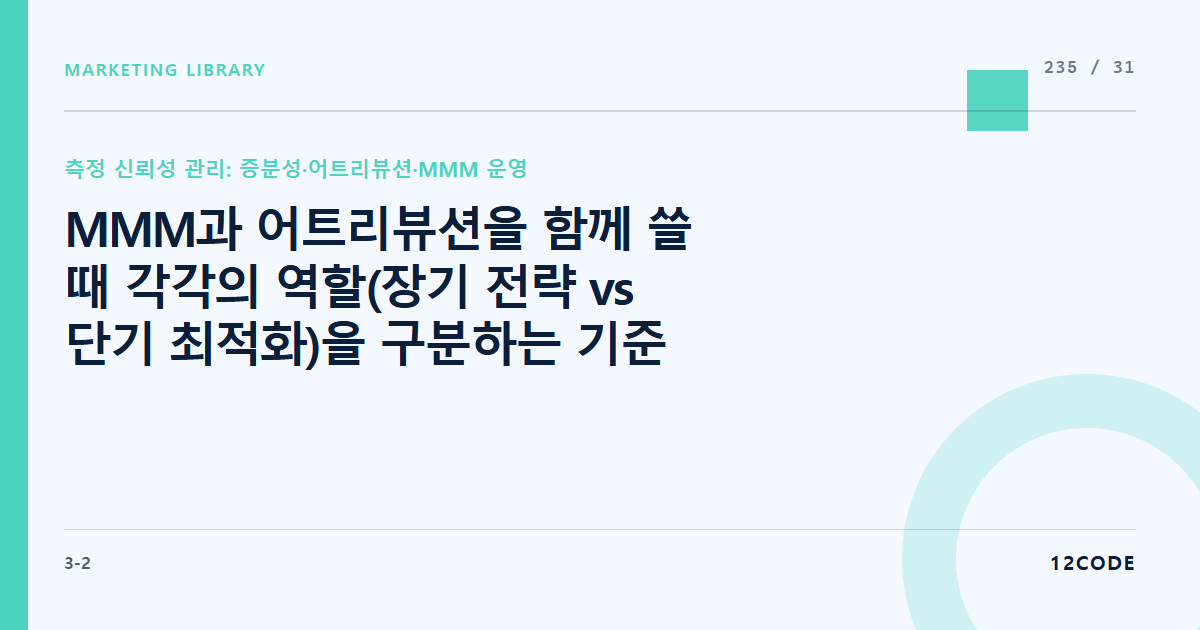 12code 라이브러리 아티클 표지. MMM과 어트리뷰션을 함께 쓸 때 각각의 역할(장기 전략 vs 단기 최적화)을 구분하는 기준