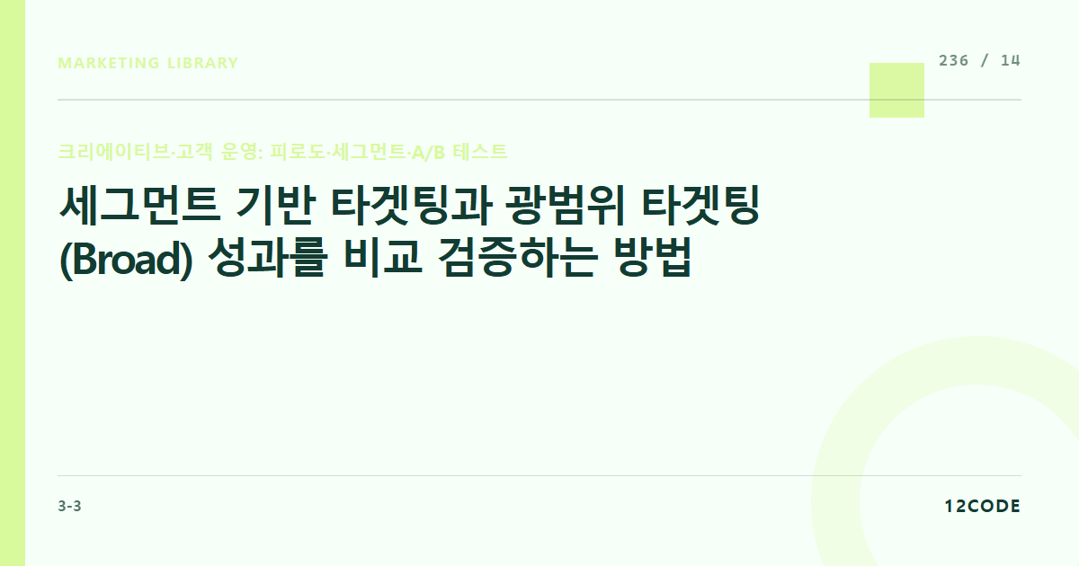 12code 라이브러리 아티클 표지. 세그먼트 기반 타겟팅과 광범위 타겟팅(Broad) 성과를 비교 검증하는 방법