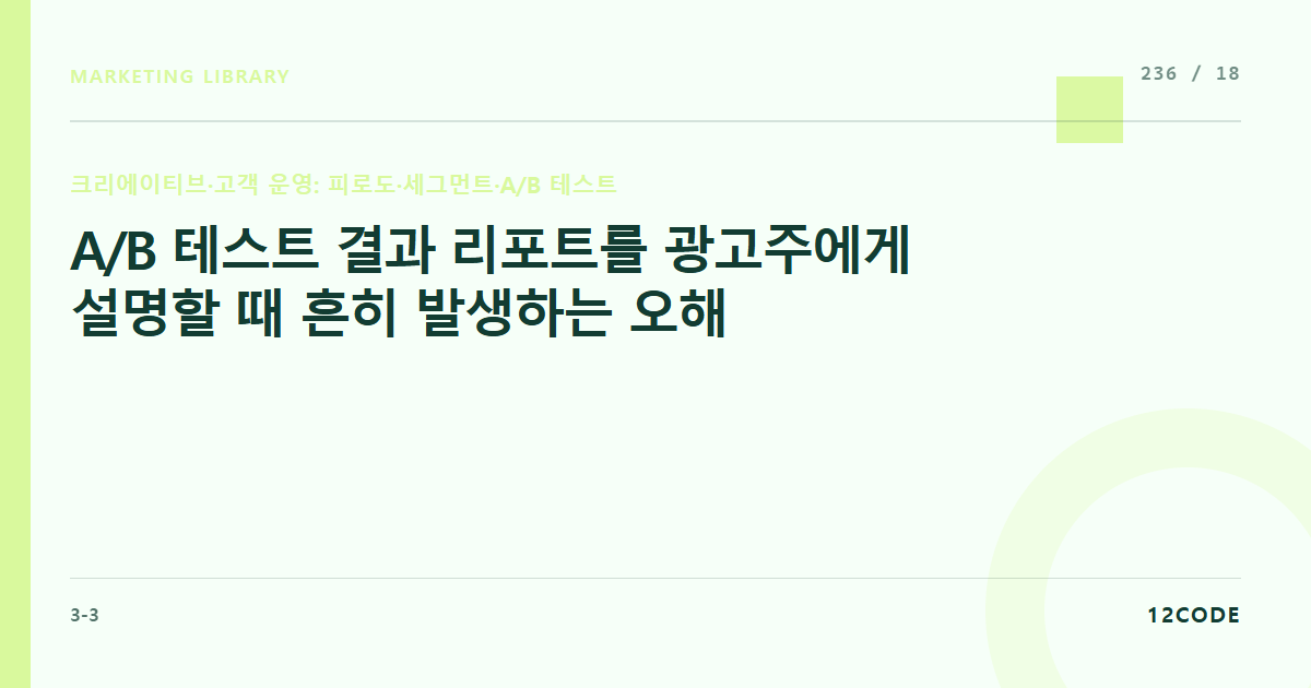 12code 라이브러리 아티클 표지. A/B 테스트 결과 리포트를 광고주에게 설명할 때 흔히 발생하는 오해