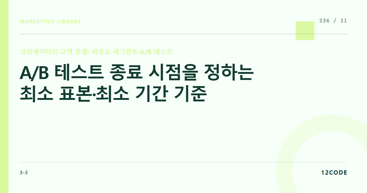 12code 라이브러리 아티클 표지. A/B 테스트 종료 시점을 정하는 최소 표본·최소 기간 기준