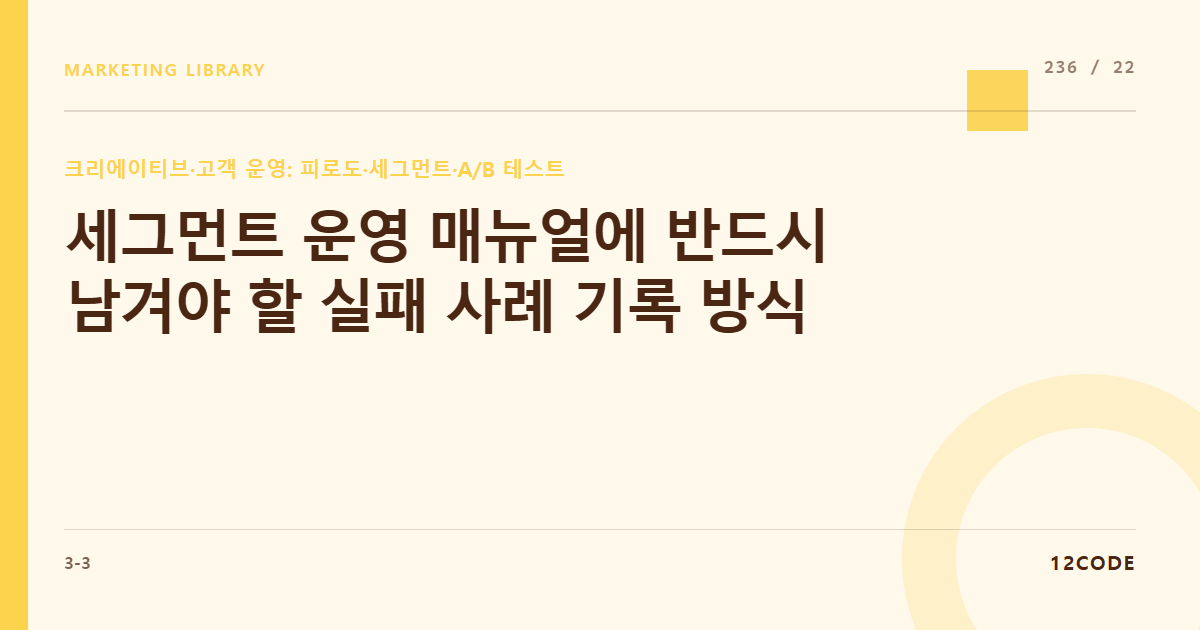 12code 라이브러리 아티클 표지. 세그먼트 운영 매뉴얼에 반드시 남겨야 할 실패 사례 기록 방식