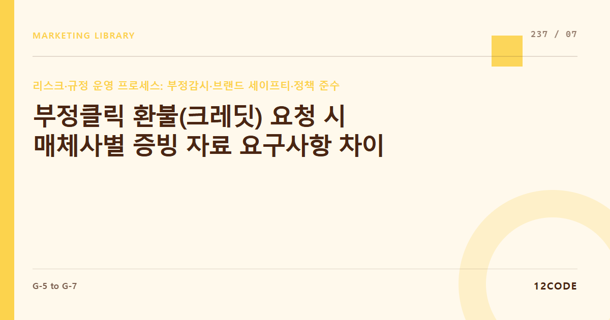 12code 라이브러리 아티클 표지. 부정클릭 환불(크레딧) 요청 시 매체사별 증빙 자료 요구사항 차이