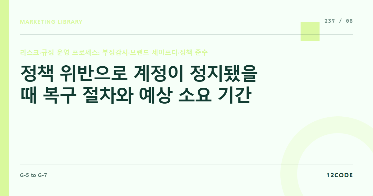 12code 라이브러리 아티클 표지. 정책 위반으로 계정이 정지됐을 때 복구 절차와 예상 소요 기간