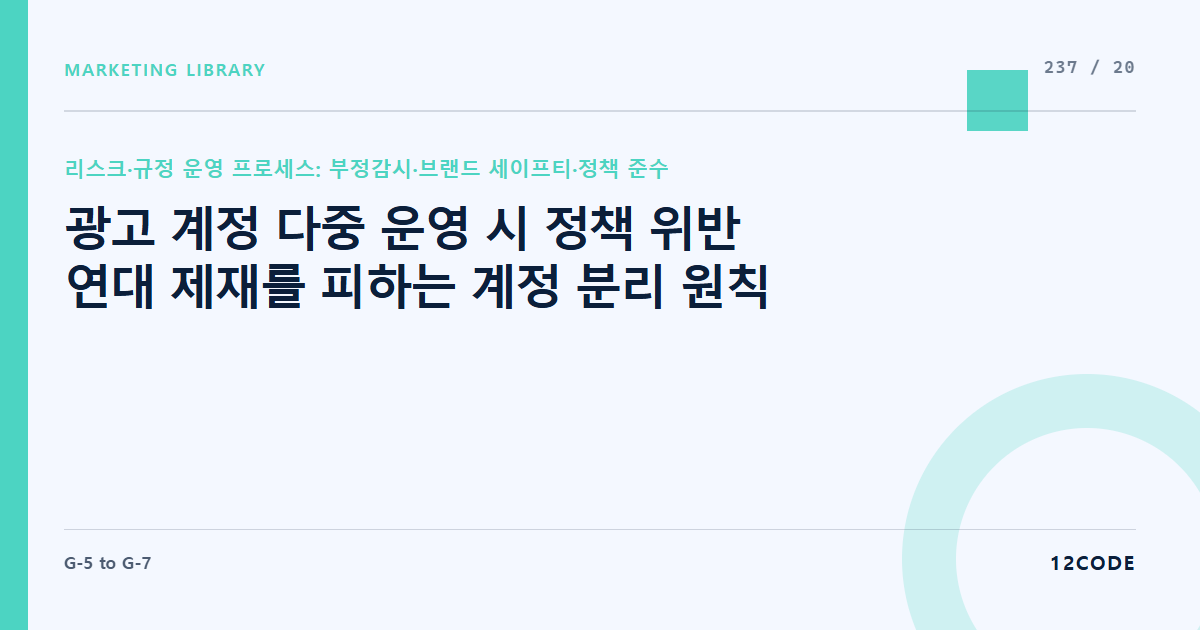 12code 라이브러리 아티클 표지. 광고 계정 다중 운영 시 정책 위반 연대 제재를 피하는 계정 분리 원칙
