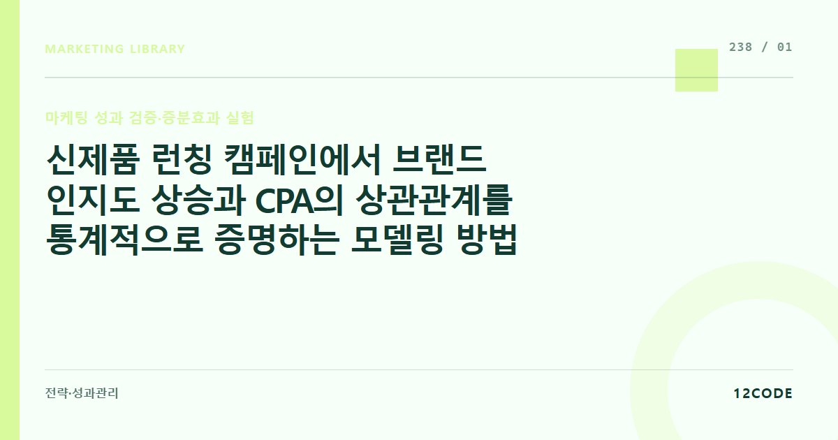 12code 라이브러리 아티클 표지. 신제품 런칭 캠페인에서 브랜드 인지도 상승과 CPA의 상관관계를 통계적으로 증명하는 모델링 방법