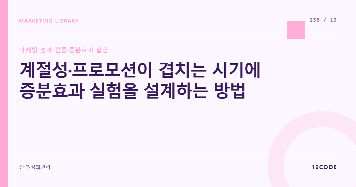12code 라이브러리 아티클 표지. 계절성·프로모션이 겹치는 시기에 증분효과 실험을 설계하는 방법