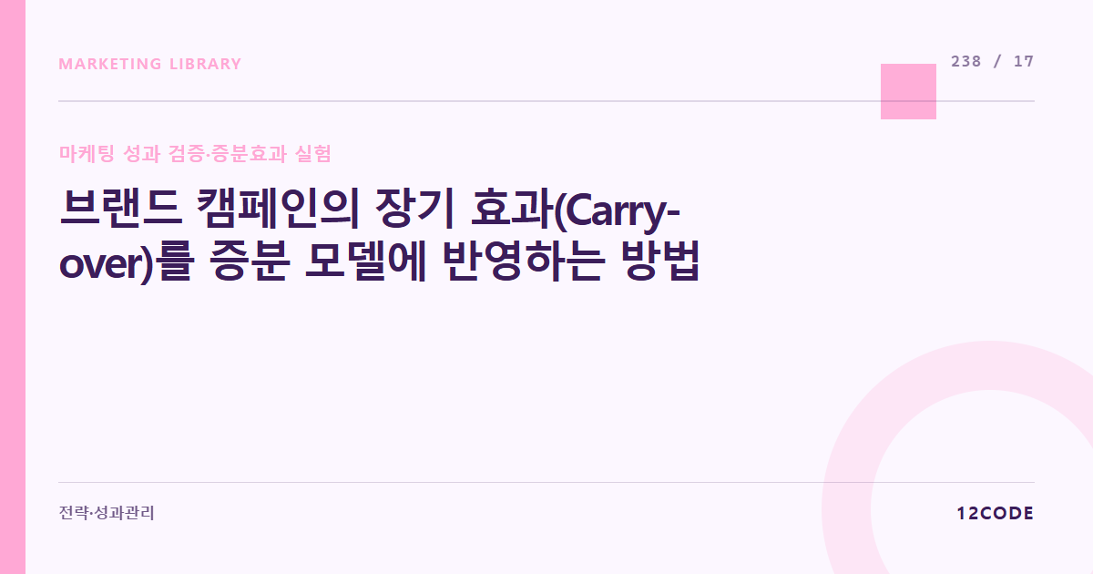 12code 라이브러리 아티클 표지. 브랜드 캠페인의 장기 효과(Carry-over)를 증분 모델에 반영하는 방법