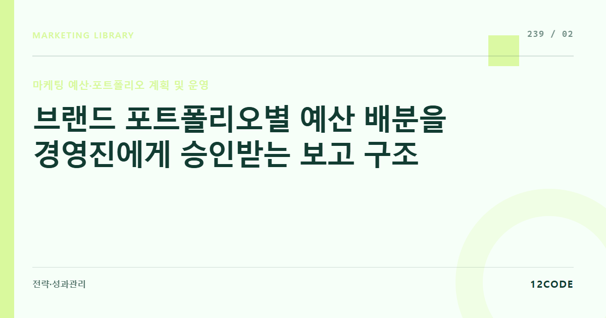 12code 라이브러리 아티클 표지. 브랜드 포트폴리오별 예산 배분을 경영진에게 승인받는 보고 구조