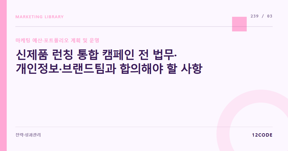 12code 라이브러리 아티클 표지. 신제품 런칭 통합 캠페인 전 법무·개인정보·브랜드팀과 합의해야 할 사항