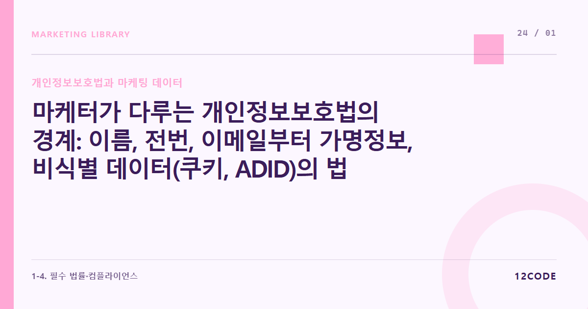 12code 라이브러리 아티클 표지. 마케터가 다루는 개인정보보호법의 경계: 이름, 전번, 이메일부터 가명정보, 비식별 데이터(쿠키, ADID)의 법적 정의