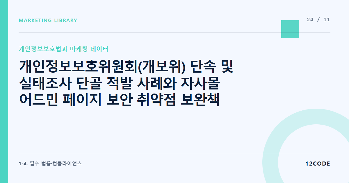 12code 라이브러리 아티클 표지. 개인정보보호위원회(개보위) 단속 및 실태조사 단골 적발 사례와 자사몰 어드민 페이지 보안 취약점 보완책