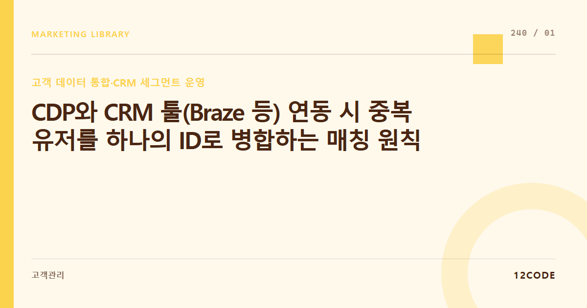 12code 라이브러리 아티클 표지. CDP와 CRM 툴(Braze 등) 연동 시 중복 유저를 하나의 ID로 병합하는 매칭 원칙