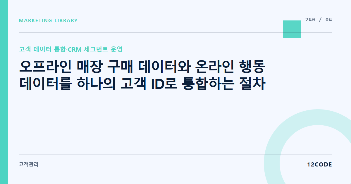 12code 라이브러리 아티클 표지. 오프라인 매장 구매 데이터와 온라인 행동 데이터를 하나의 고객 ID로 통합하는 절차