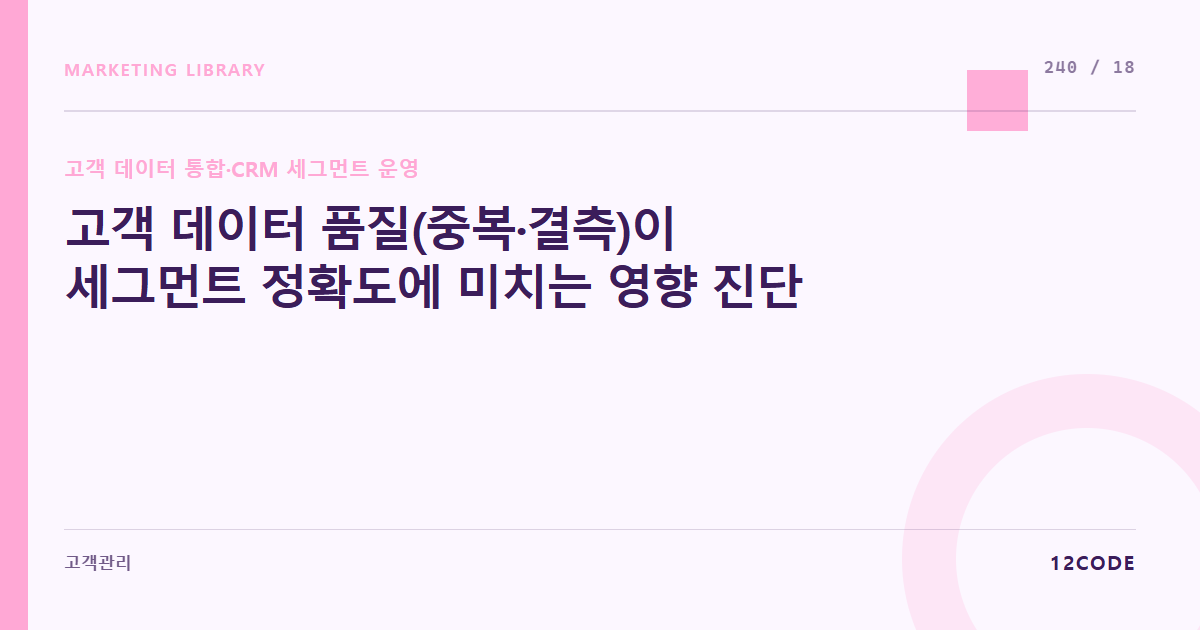12code 라이브러리 아티클 표지. 고객 데이터 품질(중복·결측)이 세그먼트 정확도에 미치는 영향 진단