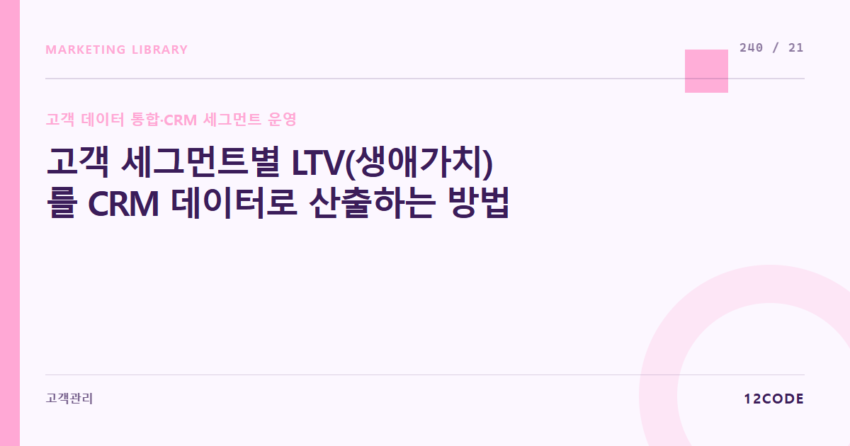 12code 라이브러리 아티클 표지. 고객 세그먼트별 LTV(생애가치)를 CRM 데이터로 산출하는 방법