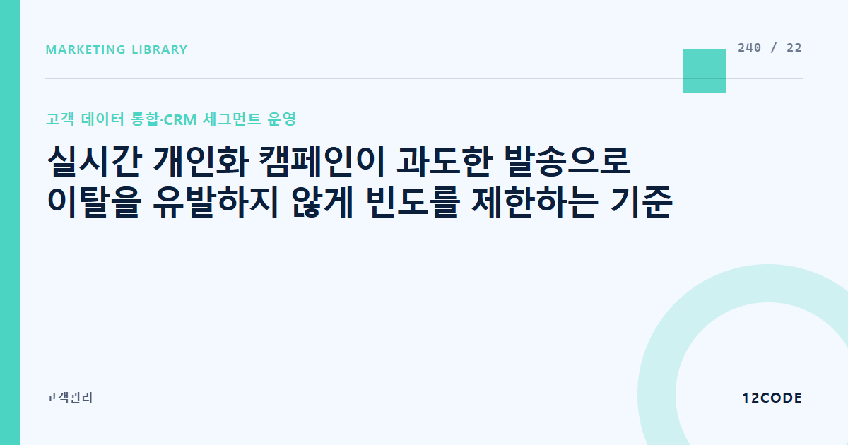 12code 라이브러리 아티클 표지. 실시간 개인화 캠페인이 과도한 발송으로 이탈을 유발하지 않게 빈도를 제한하는 기준