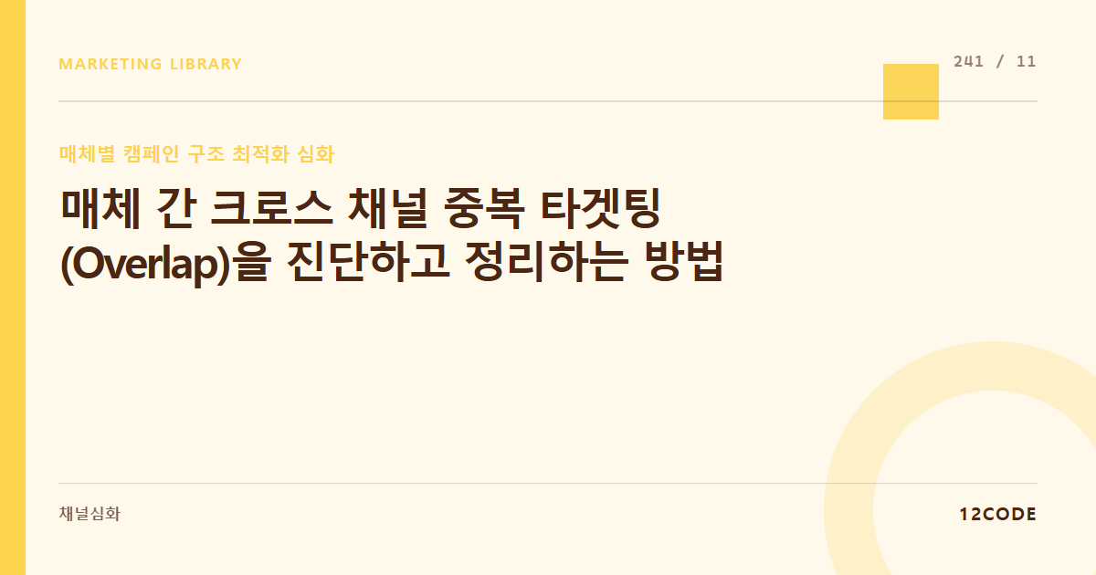 12code 라이브러리 아티클 표지. 매체 간 크로스 채널 중복 타겟팅(Overlap)을 진단하고 정리하는 방법