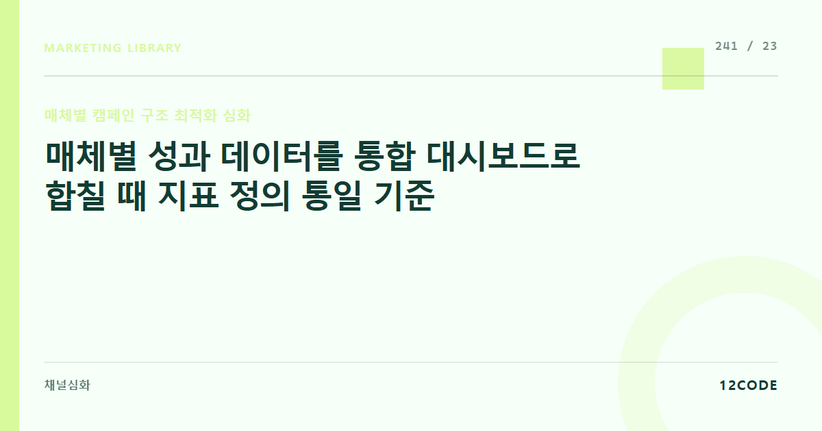 12code 라이브러리 아티클 표지. 매체별 성과 데이터를 통합 대시보드로 합칠 때 지표 정의 통일 기준