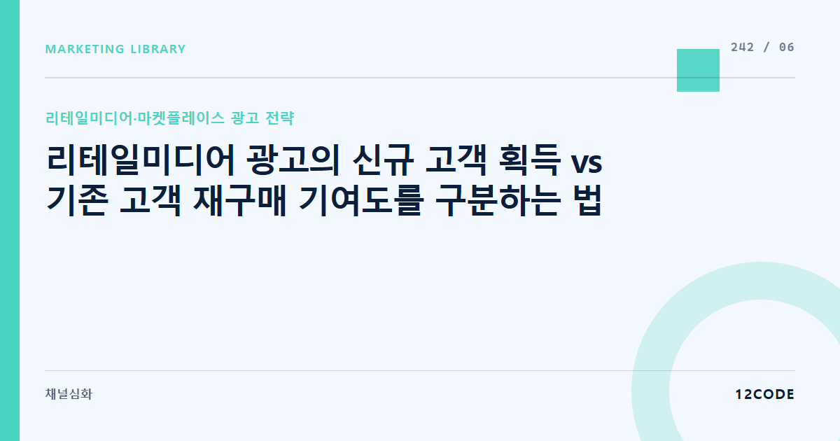 12code 라이브러리 아티클 표지. 리테일미디어 광고의 신규 고객 획득 vs 기존 고객 재구매 기여도를 구분하는 법