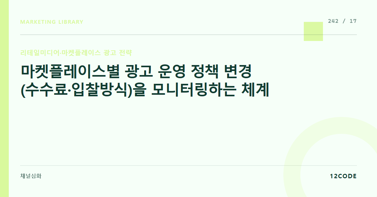 12code 라이브러리 아티클 표지. 마켓플레이스별 광고 운영 정책 변경(수수료·입찰방식)을 모니터링하는 체계