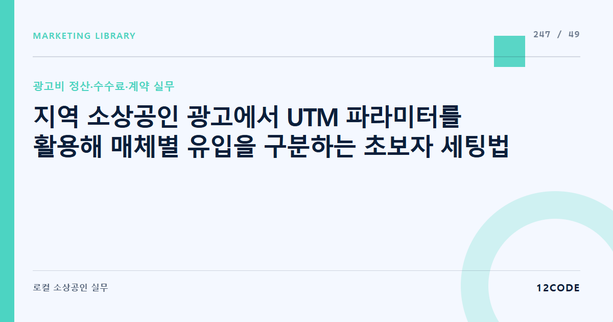 12code 라이브러리 아티클 표지. 지역 소상공인 광고에서 UTM 파라미터를 활용해 매체별 유입을 구분하는 초보자 세팅법