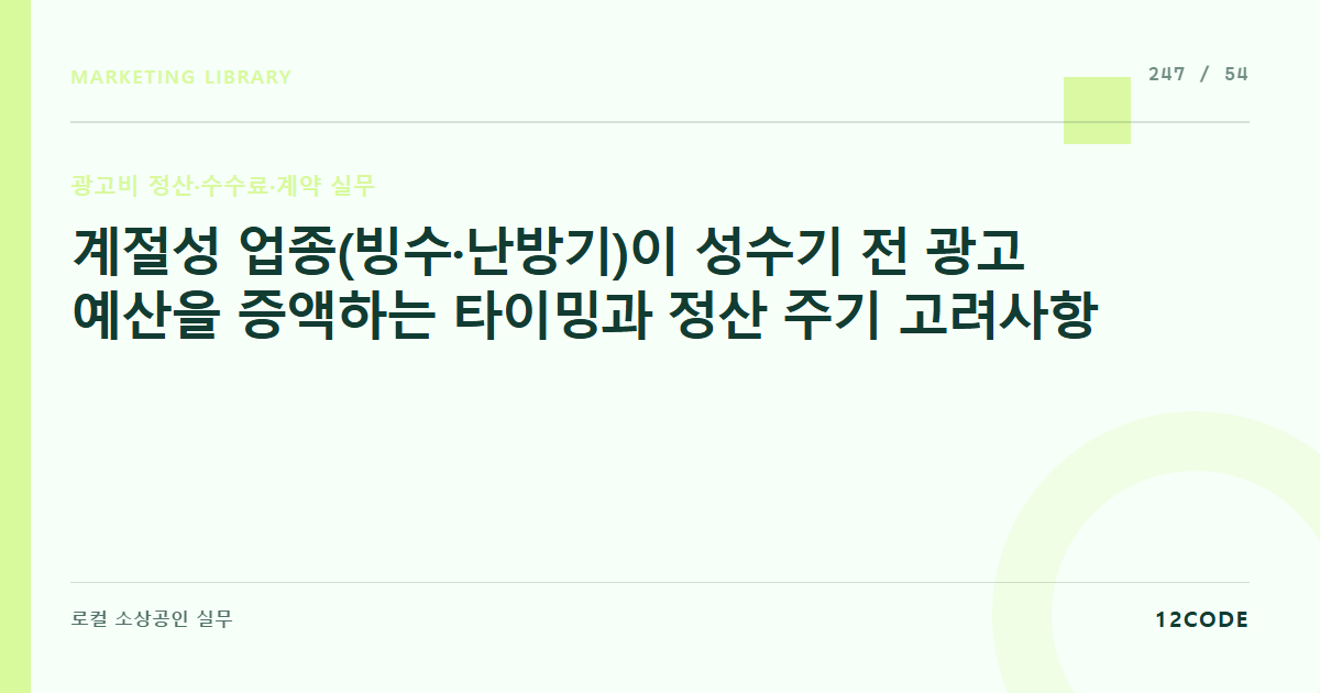 12code 라이브러리 아티클 표지. 계절성 업종(빙수·난방기)이 성수기 전 광고 예산을 증액하는 타이밍과 정산 주기 고려사항