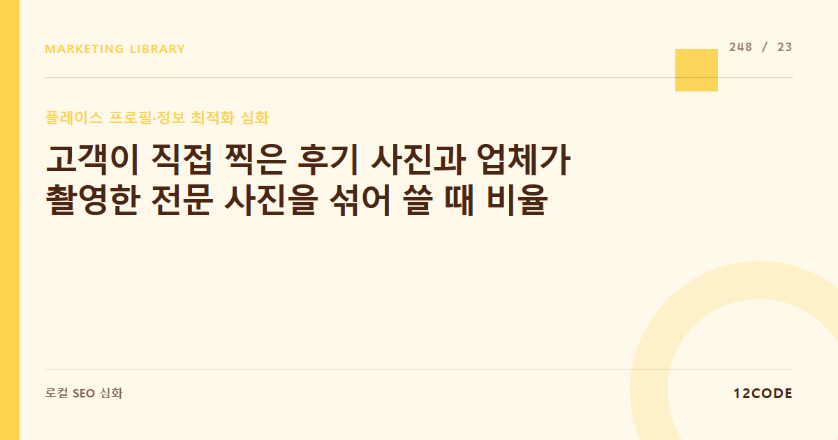 12code 라이브러리 아티클 표지. 고객이 직접 찍은 후기 사진과 업체가 촬영한 전문 사진을 섞어 쓸 때 비율