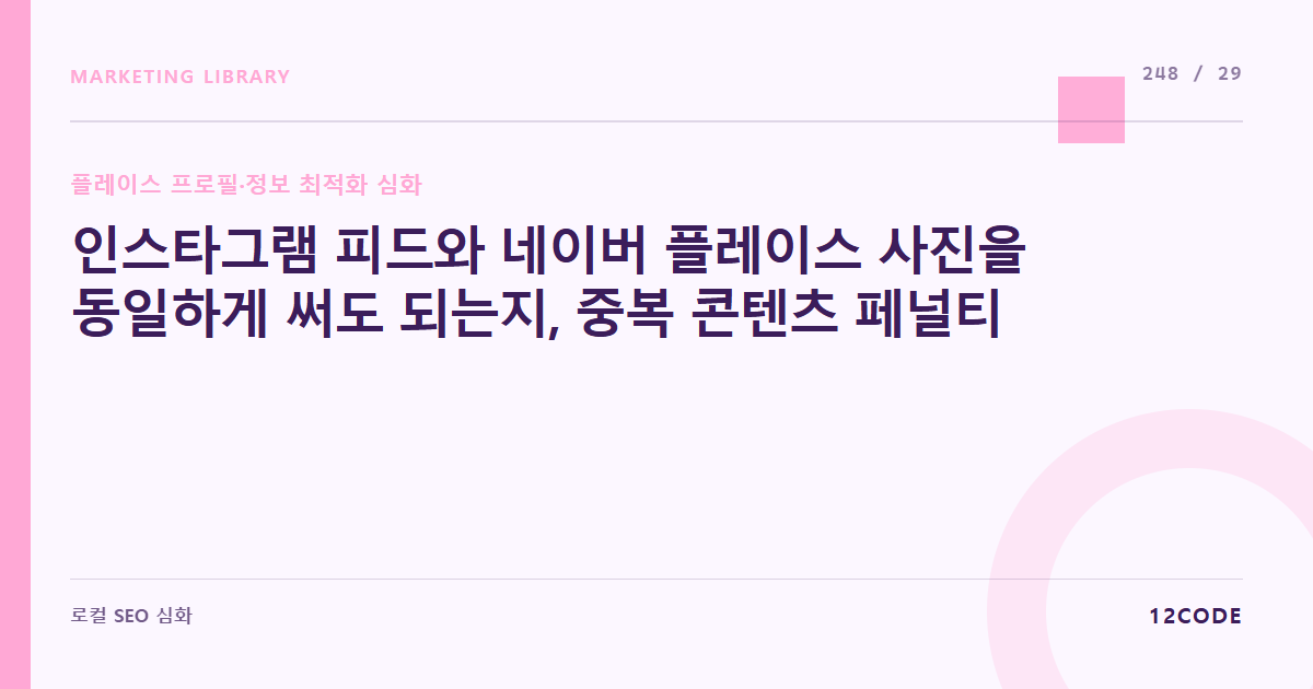 12code 라이브러리 아티클 표지. 인스타그램 피드와 네이버 플레이스 사진을 동일하게 써도 되는지, 중복 콘텐츠 페널티