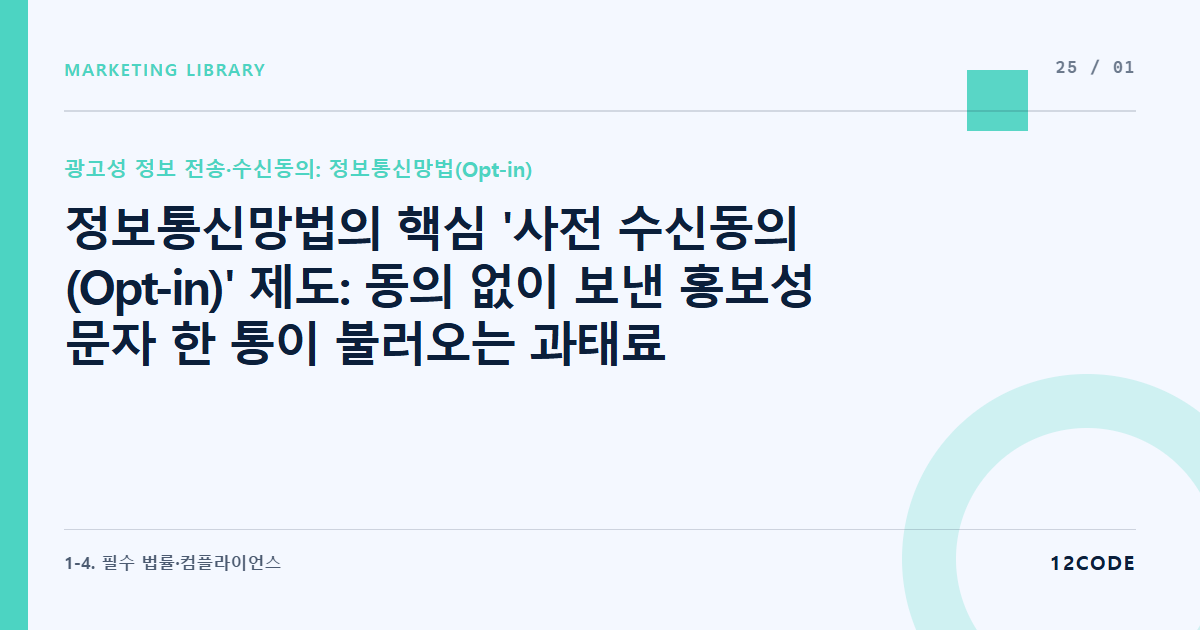 12code 라이브러리 아티클 표지. 정보통신망법의 핵심 '사전 수신동의(Opt-in)' 제도: 동의 없이 보낸 홍보성 문자 한 통이 불러오는 과태료 폭탄