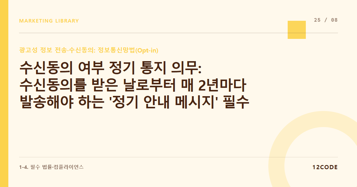 12code 라이브러리 아티클 표지. 수신동의 여부 정기 통지 의무: 수신동의를 받은 날로부터 매 2년마다 발송해야 하는 '정기 안내 메시지' 필수 포함 문구와 자동화