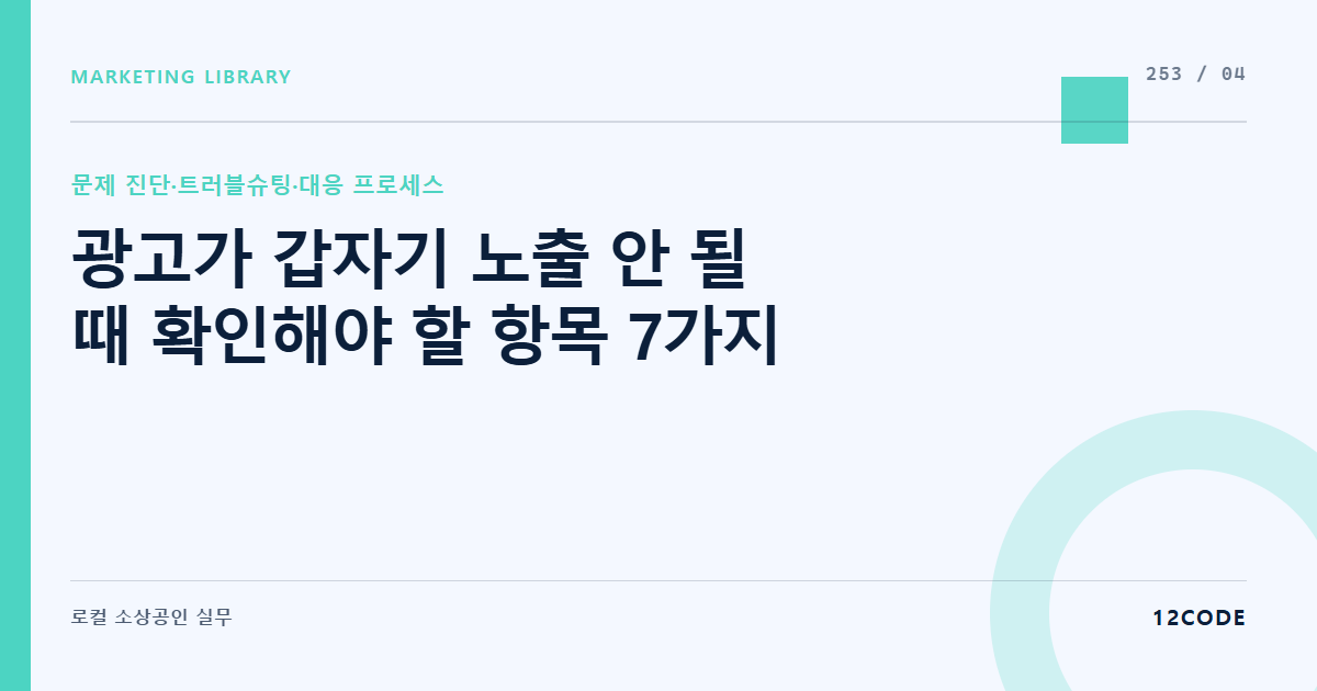12code 라이브러리 아티클 표지. 광고가 갑자기 노출 안 될 때 확인해야 할 항목 7가지
