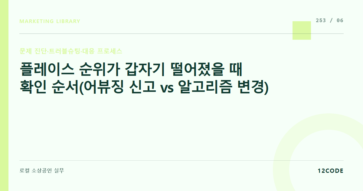 12code 라이브러리 아티클 표지. 플레이스 순위가 갑자기 떨어졌을 때 확인 순서(어뷰징 신고 vs 알고리즘 변경)