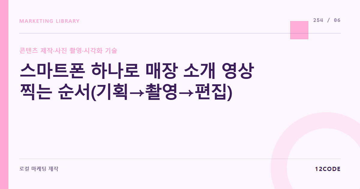 12code 라이브러리 아티클 표지. 스마트폰 하나로 매장 소개 영상 찍는 순서(기획→촬영→편집)