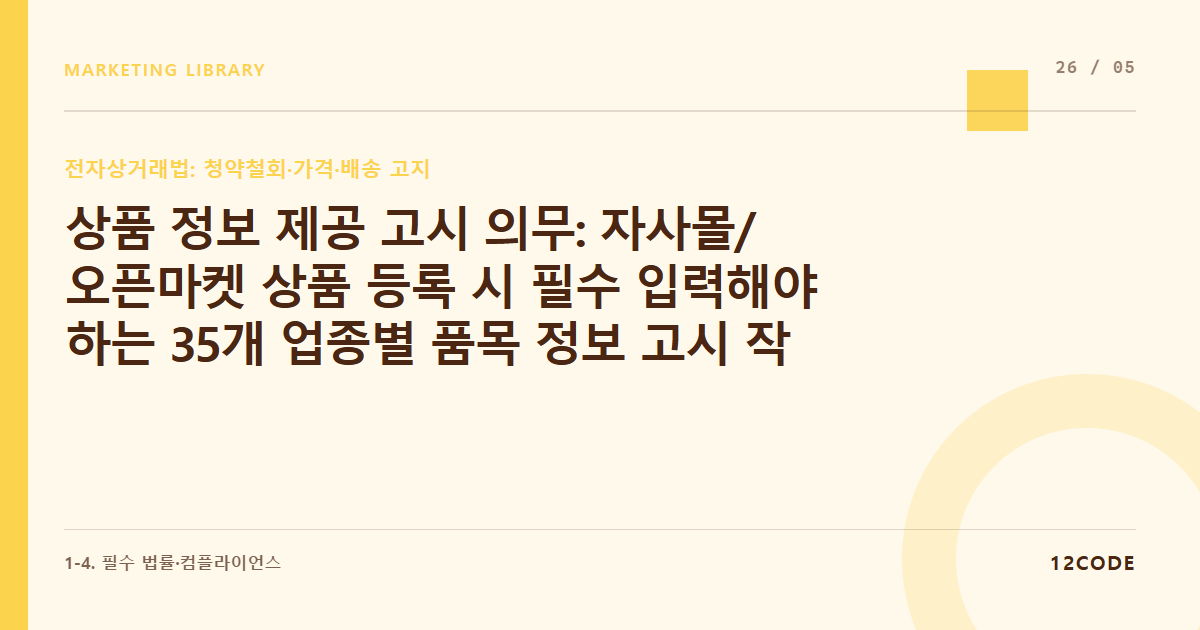 12code 라이브러리 아티클 표지. 상품 정보 제공 고시 의무: 자사몰/오픈마켓 상품 등록 시 필수 입력해야 하는 35개 업종별 품목 정보 고시 작성 가이드