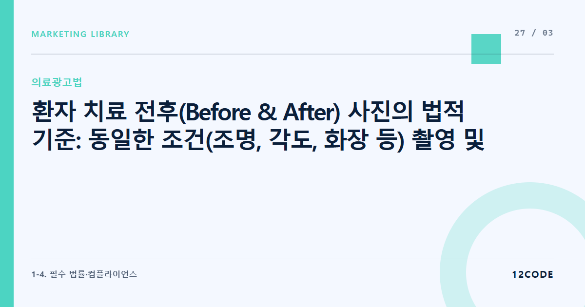 12code 라이브러리 아티클 표지. 환자 치료 전후(Before & After) 사진의 법적 기준: 동일한 조건(조명, 각도, 화장 등) 촬영 및 기간 명시, 로그인 후 열람 구조 세팅 실무