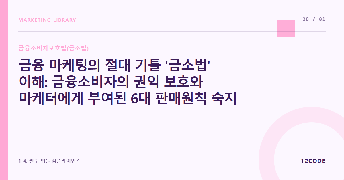 12code 라이브러리 아티클 표지. 금융 마케팅의 절대 기틀 '금소법' 이해: 금융소비자의 권익 보호와 마케터에게 부여된 6대 판매원칙 숙지