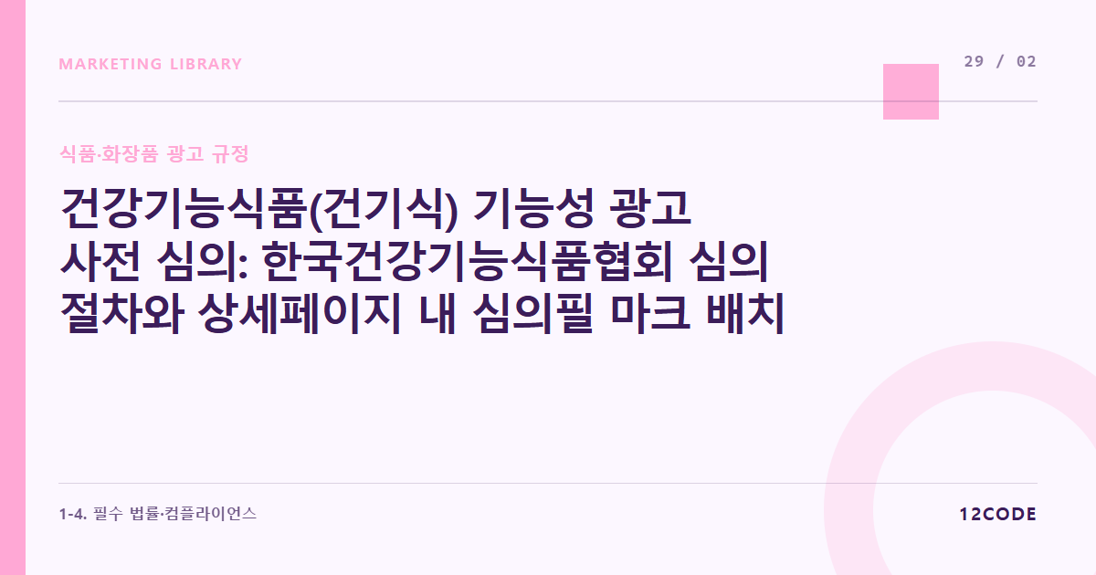 12code 라이브러리 아티클 표지. 건강기능식품(건기식) 기능성 광고 사전 심의: 한국건강기능식품협회 심의 절차와 상세페이지 내 심의필 마크 배치 규칙