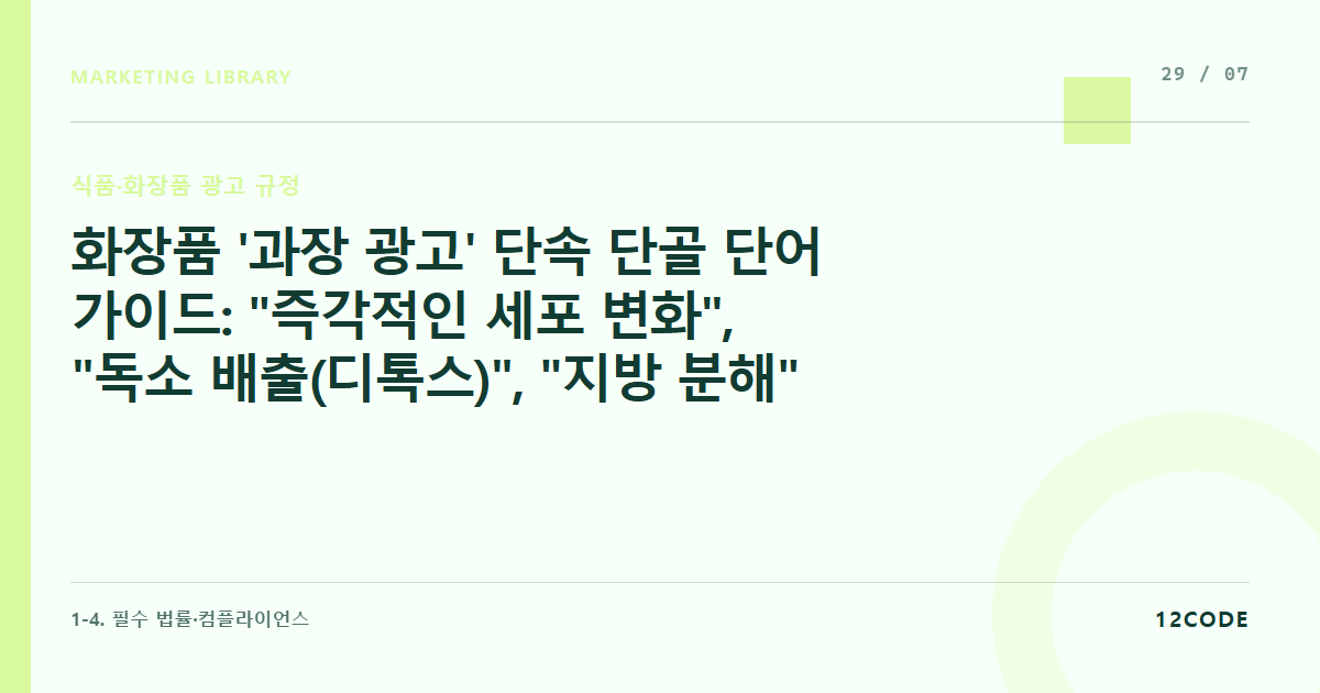 12code 라이브러리 아티클 표지. 화장품 '과장 광고' 단속 단골 단어 가이드: "즉각적인 세포 변화", "독소 배출(디톡스)", "지방 분해" 문구의 과학적 근거 제시 의무