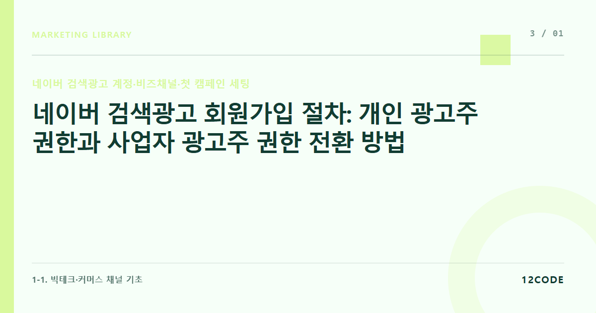 12code 라이브러리 아티클 표지. 네이버 검색광고 회원가입 절차: 개인 광고주 권한과 사업자 광고주 권한 전환 방법