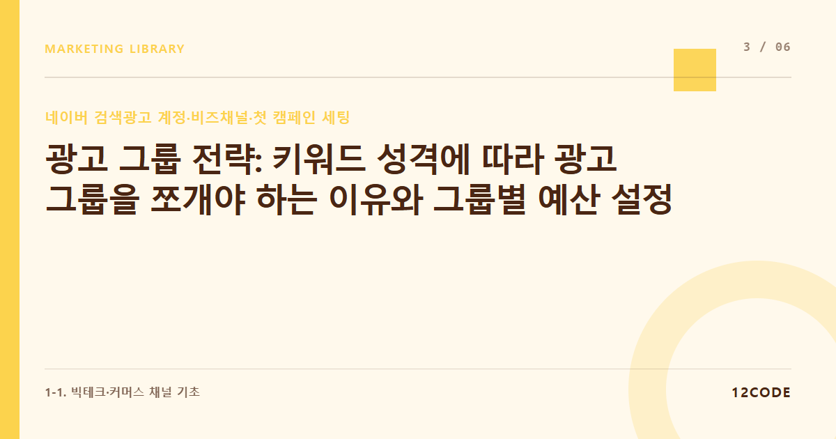 12code 라이브러리 아티클 표지. 광고 그룹 전략: 키워드 성격에 따라 광고 그룹을 쪼개야 하는 이유와 그룹별 예산 설정