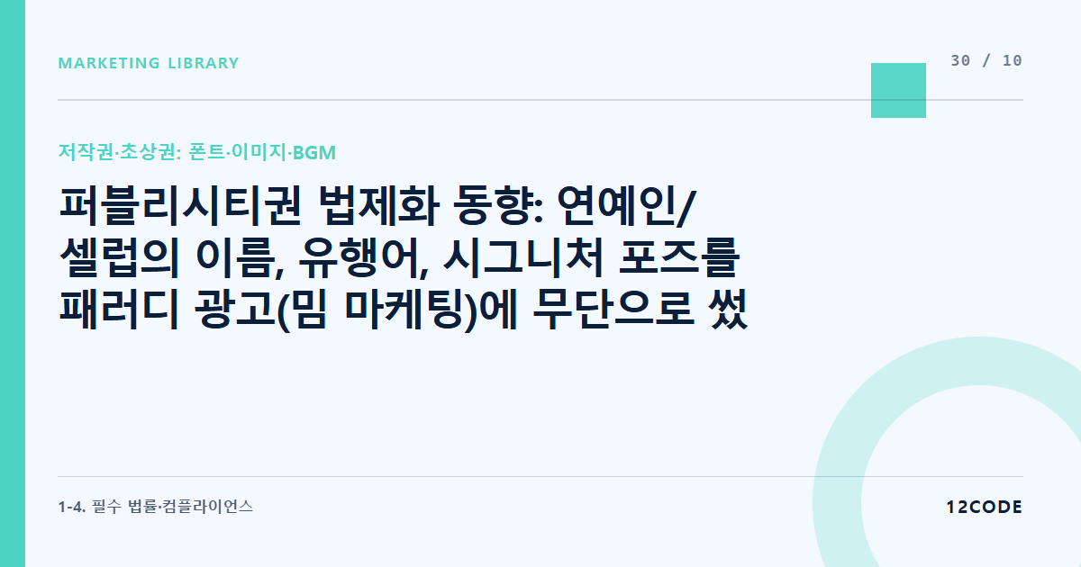 12code 라이브러리 아티클 표지. 퍼블리시티권 법제화 동향: 연예인/셀럽의 이름, 유행어, 시그니처 포즈를 패러디 광고(밈 마케팅)에 무단으로 썼을 때의 손해배상 리스크