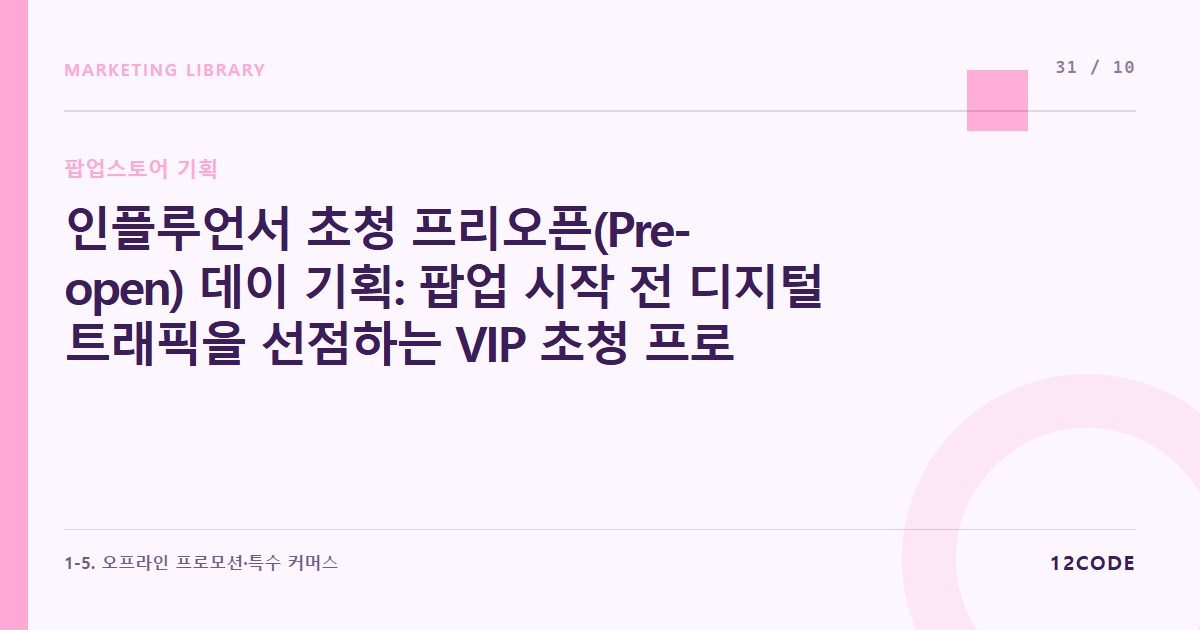 12code 라이브러리 아티클 표지. 인플루언서 초청 프리오픈(Pre-open) 데이 기획: 팝업 시작 전 디지털 트래픽을 선점하는 VIP 초청 프로세스