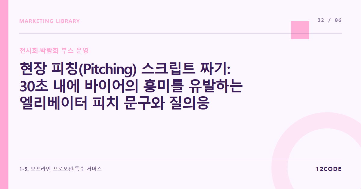 12code 라이브러리 아티클 표지. 현장 피칭(Pitching) 스크립트 짜기: 30초 내에 바이어의 흥미를 유발하는 엘리베이터 피치 문구와 질의응답(Q&A) 매뉴얼