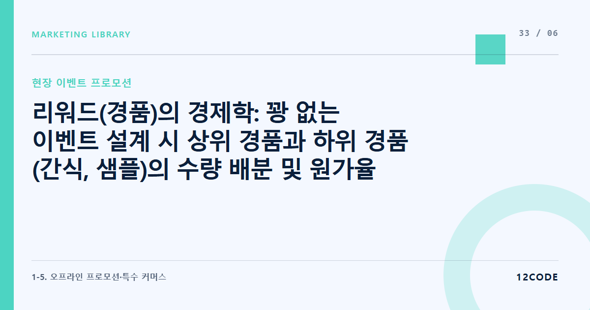 12code 라이브러리 아티클 표지. 리워드(경품)의 경제학: 꽝 없는 이벤트 설계 시 상위 경품과 하위 경품(간식, 샘플)의 수량 배분 및 원가율 계산법
