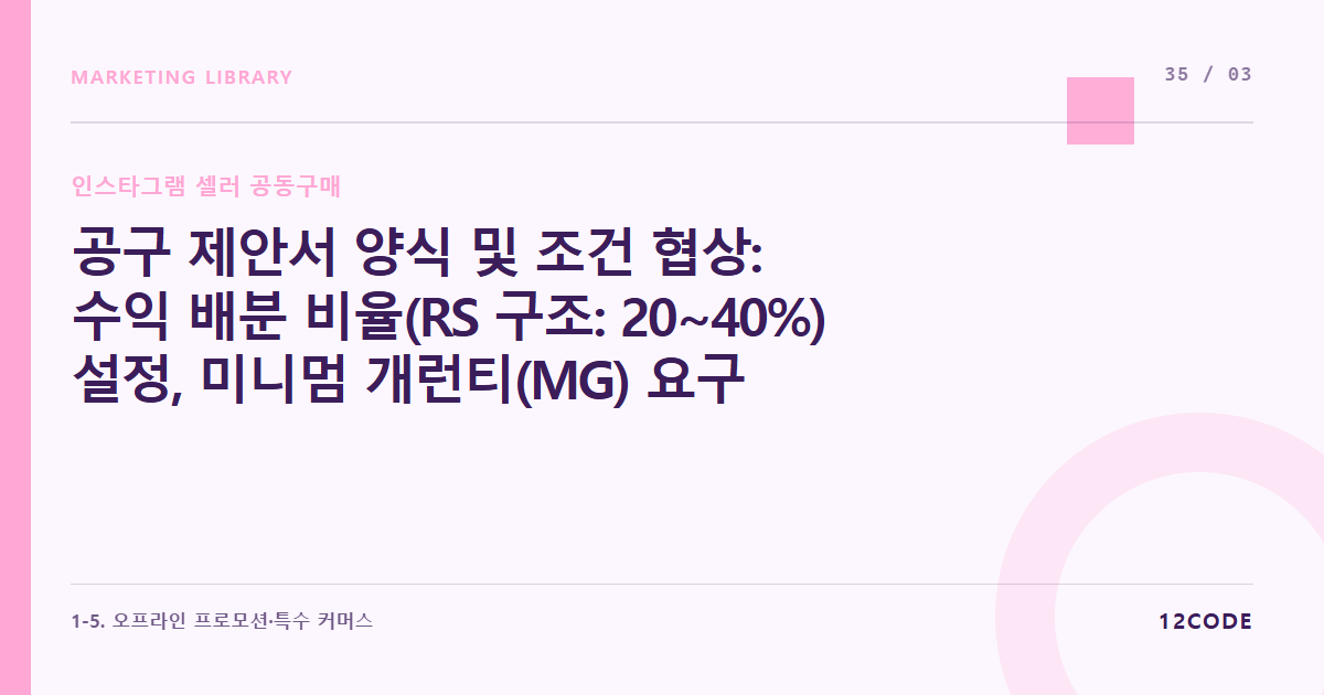 12code 라이브러리 아티클 표지. 공구 제안서 양식 및 조건 협상: 수익 배분 비율(RS 구조: 20~40%) 설정, 미니멈 개런티(MG) 요구 시 대처법