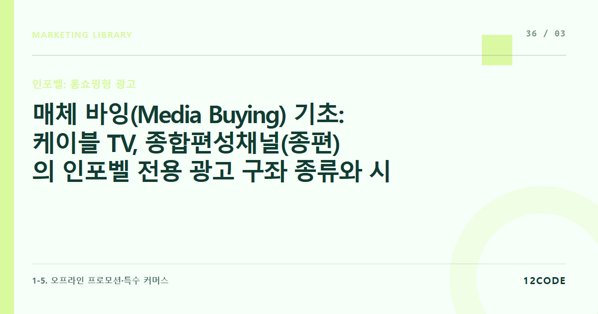 12code 라이브러리 아티클 표지. 매체 바잉(Media Buying) 기초: 케이블 TV, 종합편성채널(종편)의 인포벨 전용 광고 구좌 종류와 시간대별 비용 집행 룰