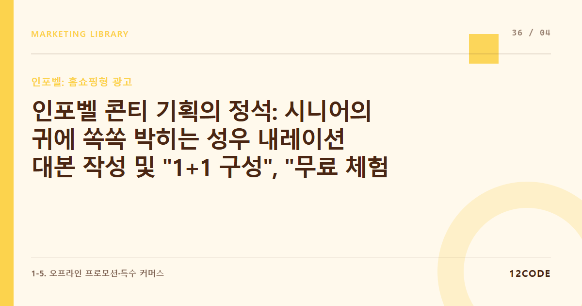 12code 라이브러리 아티클 표지. 인포벨 콘티 기획의 정석: 시니어의 귀에 쏙쏙 박히는 성우 내레이션 대본 작성 및 "1+1 구성", "무료 체험" 소구 배치