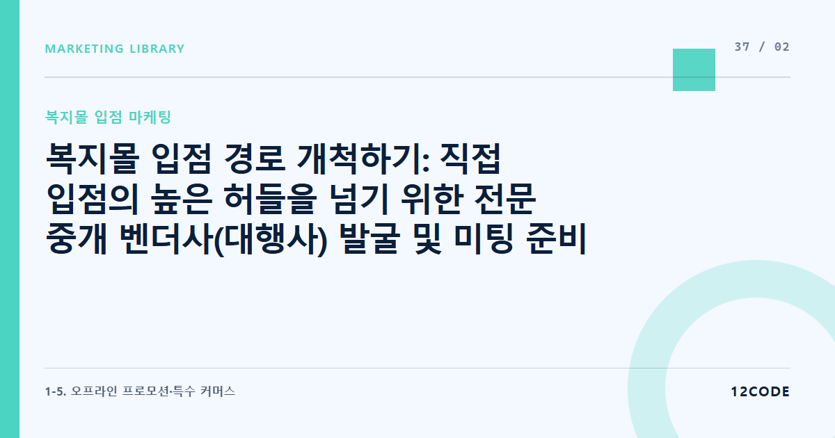 12code 라이브러리 아티클 표지. 복지몰 입점 경로 개척하기: 직접 입점의 높은 허들을 넘기 위한 전문 중개 벤더사(대행사) 발굴 및 미팅 준비
